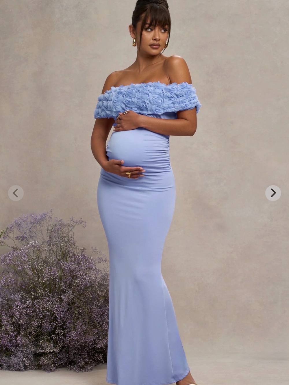 Strapless Lavender Maternity Gown with Floral Off-Shoulder Detail size 6